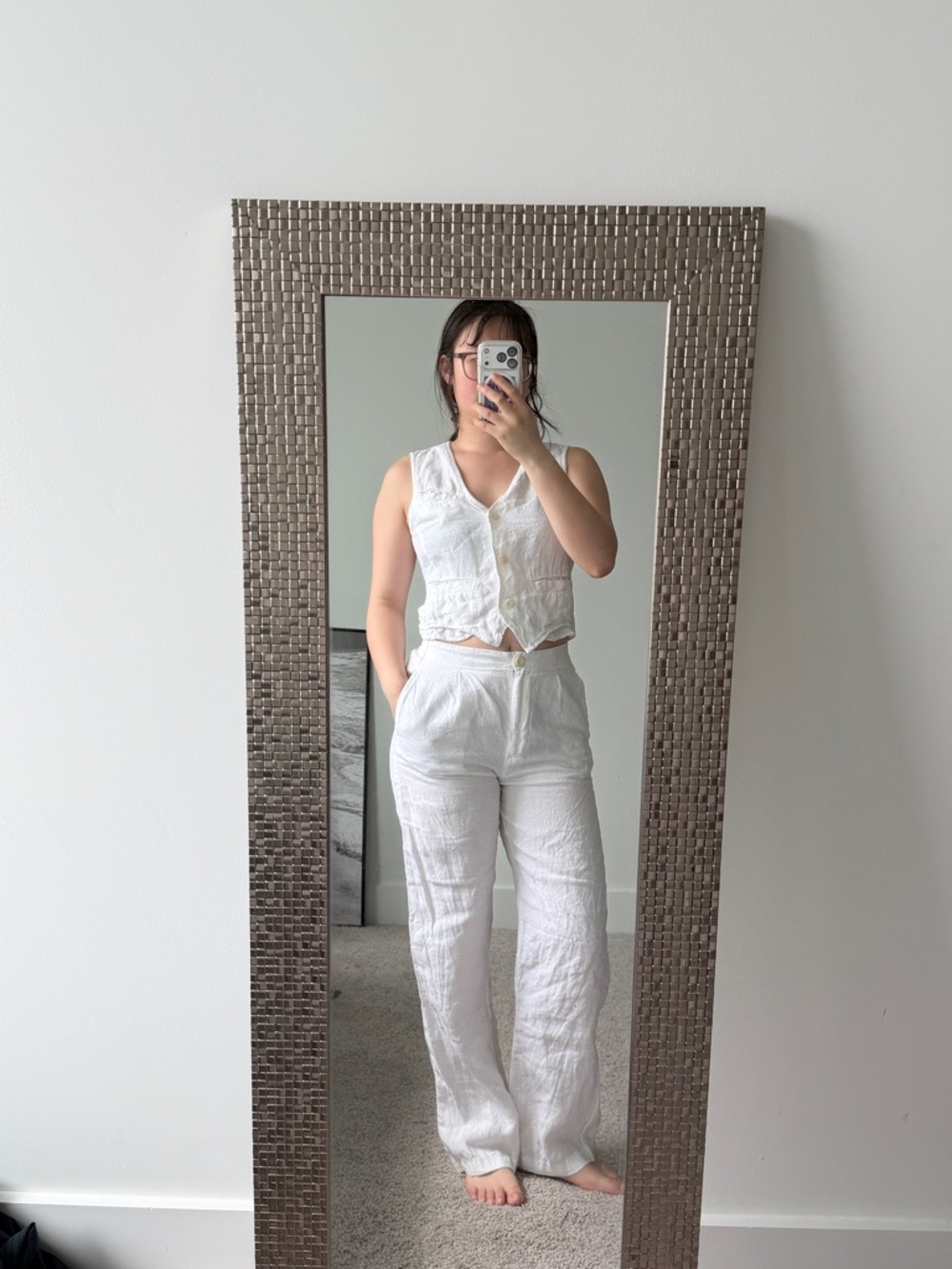 Women’s White Linen Blend Vest and High-Rise Pants Set Size Small